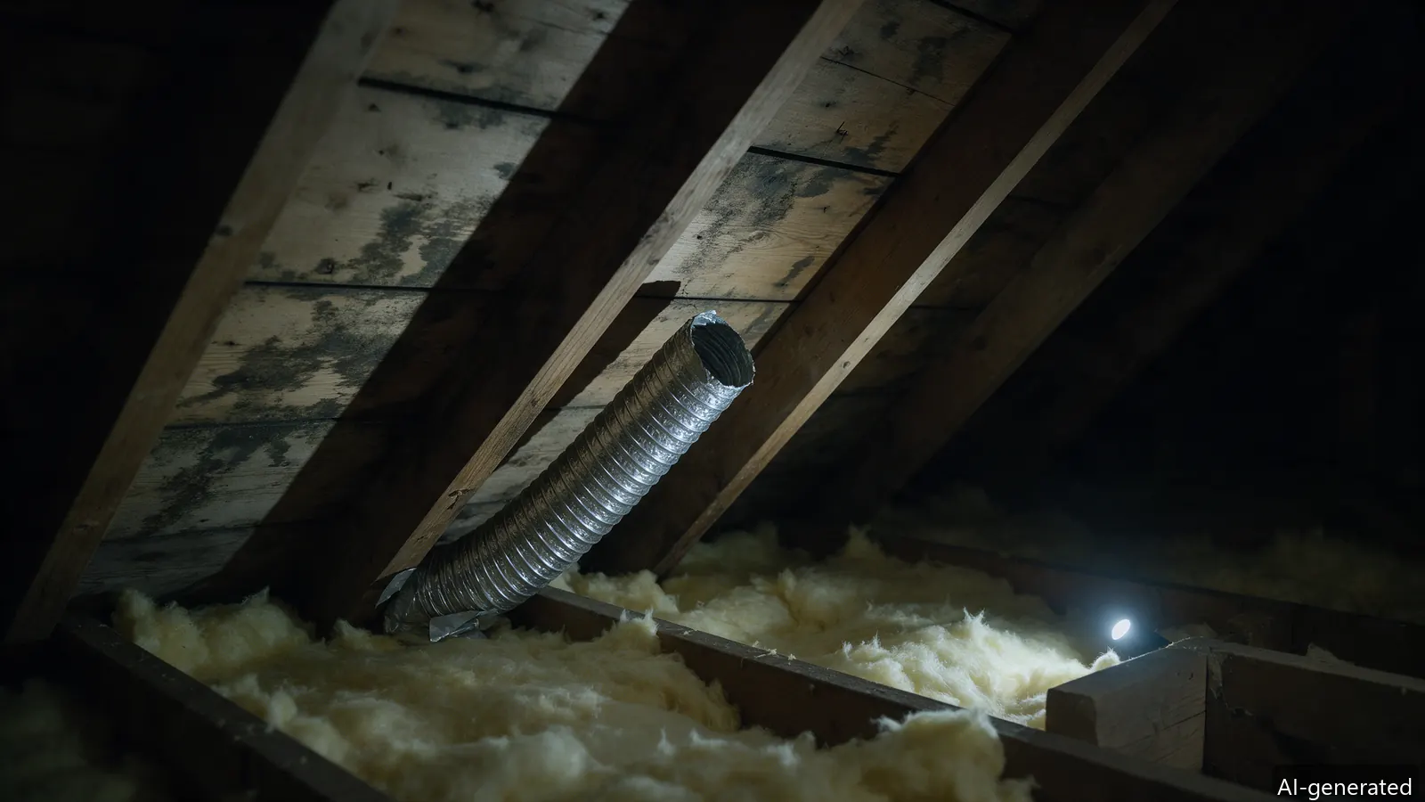 AI-generated photo of an attic with vented fan duct