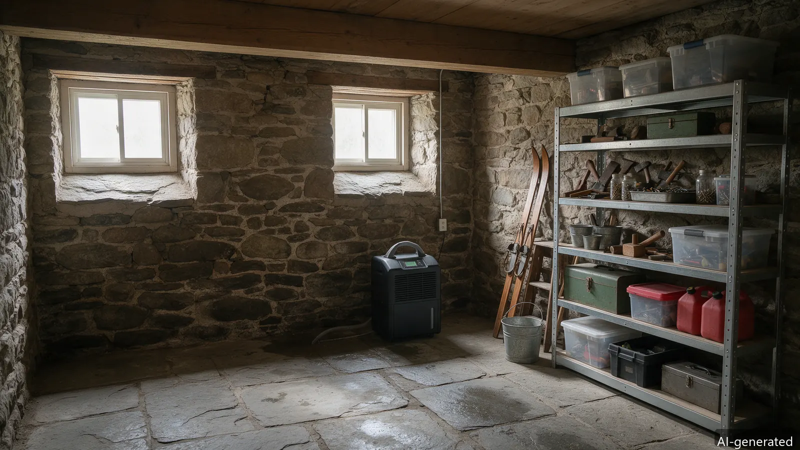 AI-generated photo of a fieldstone Pennsylvania basement