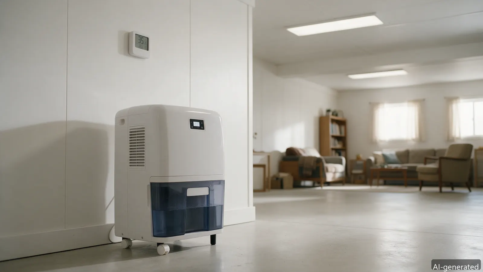 AI-generated photo of a dehumidifier in a finished basement
